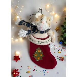 VINTAGE Fleece Orange Cat Treats Kitten in Stocking Christmas Tree Xmas Ornament